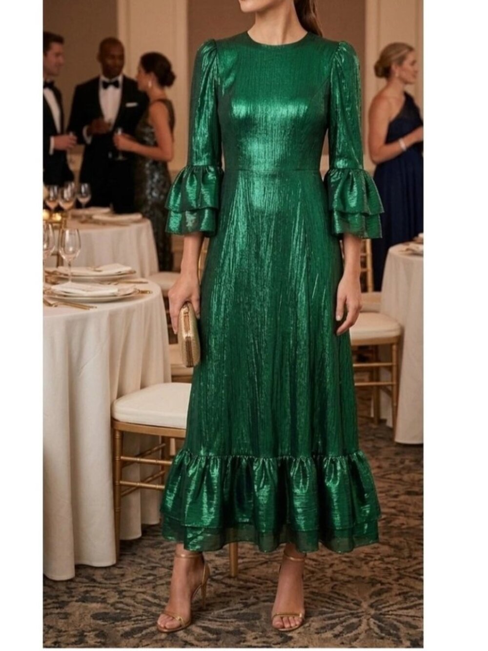 Tuckernuck Pomander Place Emerald Green Crinkle Lurex Lilith Formal Maxi Dress S